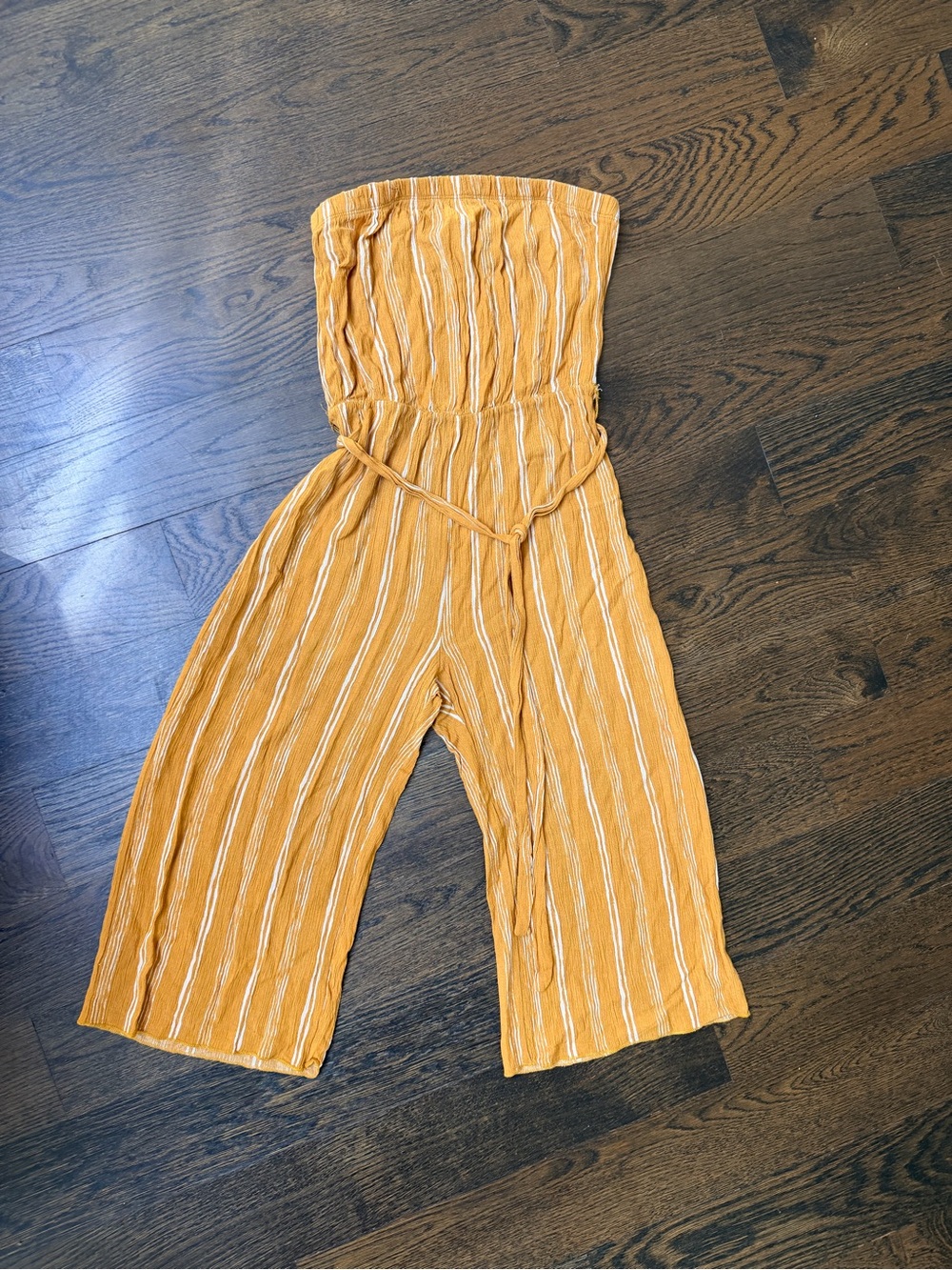 Strapless Mustard Yellow Striped Wide-Leg Jumpsuit